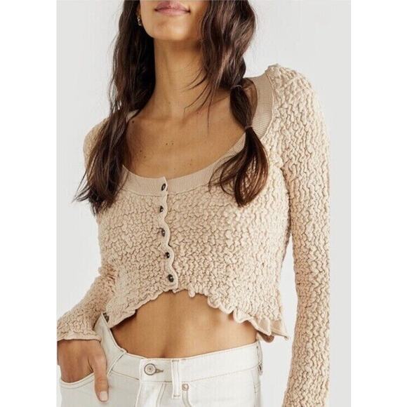Free People Cardigan Large Top Rosehip Cropped Long Sleeve Rosewater Textured - Picture 1 of 9